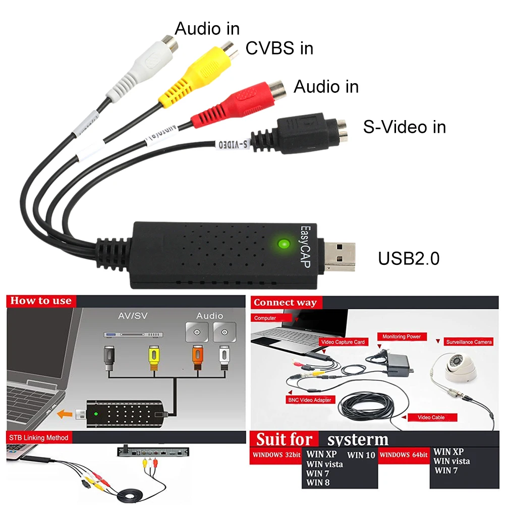 USB2.0 конвертер VHS в DVD конвертировать Аналоговое видео в цифровой формат Видео Аудио захвата карты адаптер Scart Rca кабель для Win10