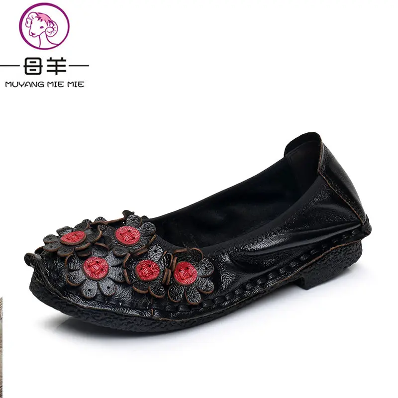 MUYANG MIE/Женская обувь из натуральной кожи; женская повседневная обувь на плоской подошве с цветочным принтом; мягкая удобная женская обувь на плоской подошве