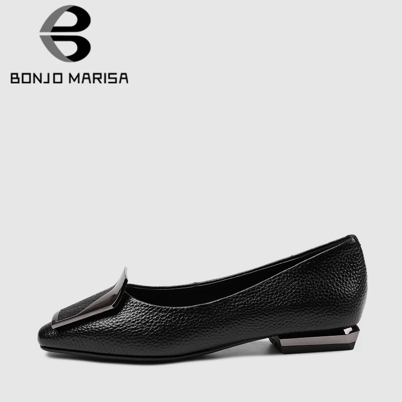 

BONJOMARISA New Spring Brand Luxury Black Low Heels Pumps Women 2020 Genuine Leather Large Size 34-43 Decorating Shoes Woman