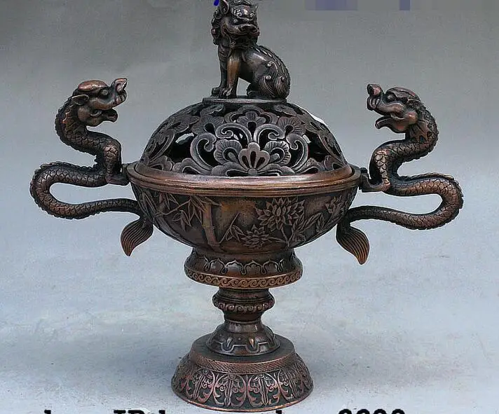 10&quot Old China Bronze Wealth Dragon Lion Plum Orchid Bamboo Incense Burner Censer | Дом и сад