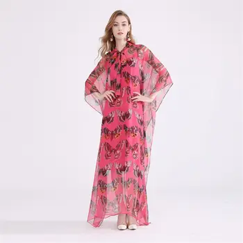 

Women Maxi Dress 2018 High Quality Designer Runway Bow Neck Batwing Sleeve Butterfly Printed Party Long Dresses NPD0799