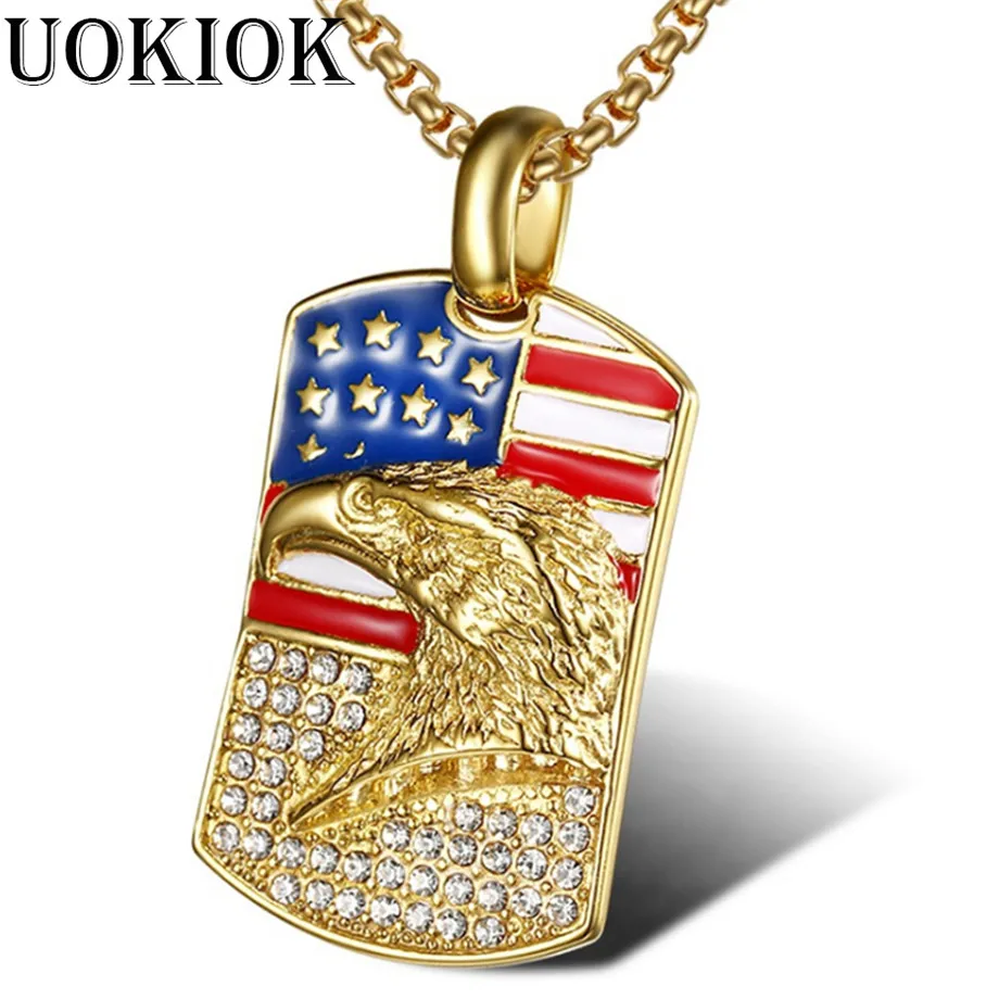 

Hip Hop Iced Out American Flag Pendant & Chain Gold Color Stainless Steel Dog Tag Jewelry Eagle Necklaces & Pendants