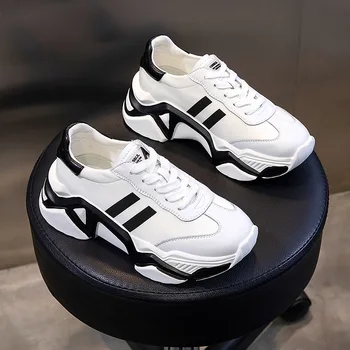 

Women's Leather Thick-Soled Color Matching Lace Sneakers Spring Autumn New Fashion Comfortable Soft Breathable Casual White Shoe