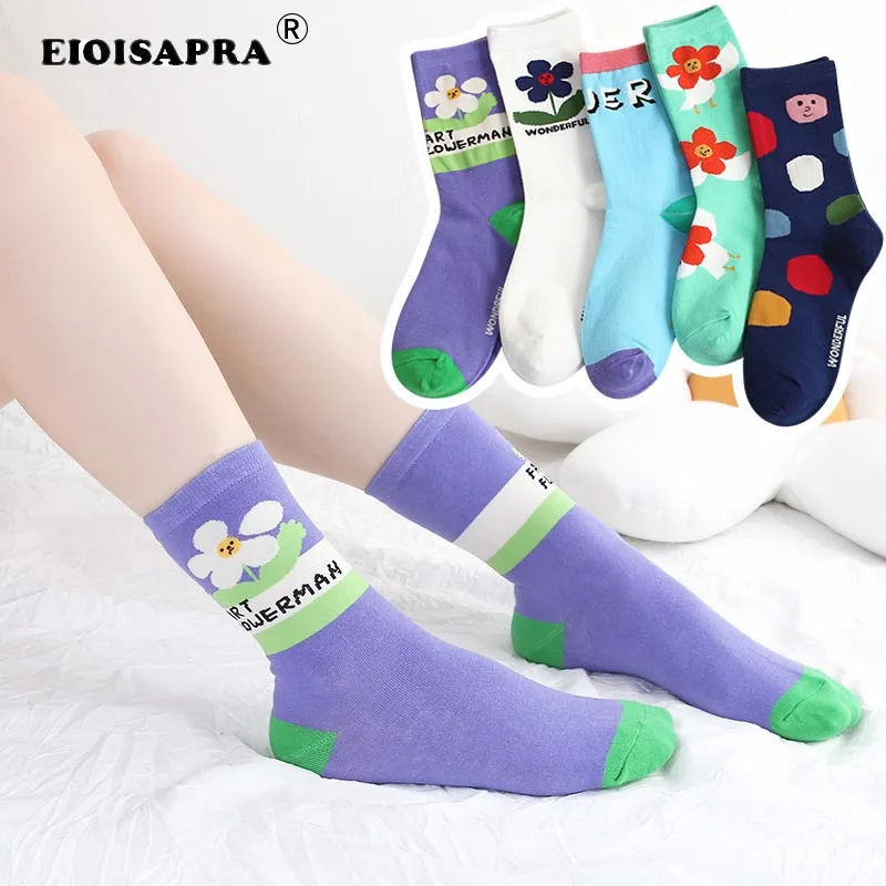 

New Product Spring/Summer Socks Han Edition Streets Fashion Trend Socks Women Casual Breathable Cotton Cartoon Flowers Meias