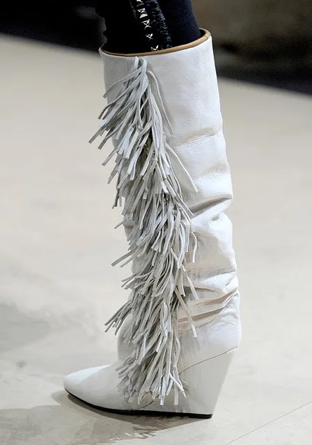 2017 Newest High Quality Suede Fringed Wedge Boots Fashion Knee High Woman Boots Runway Designer Pointed Toe High Boots White