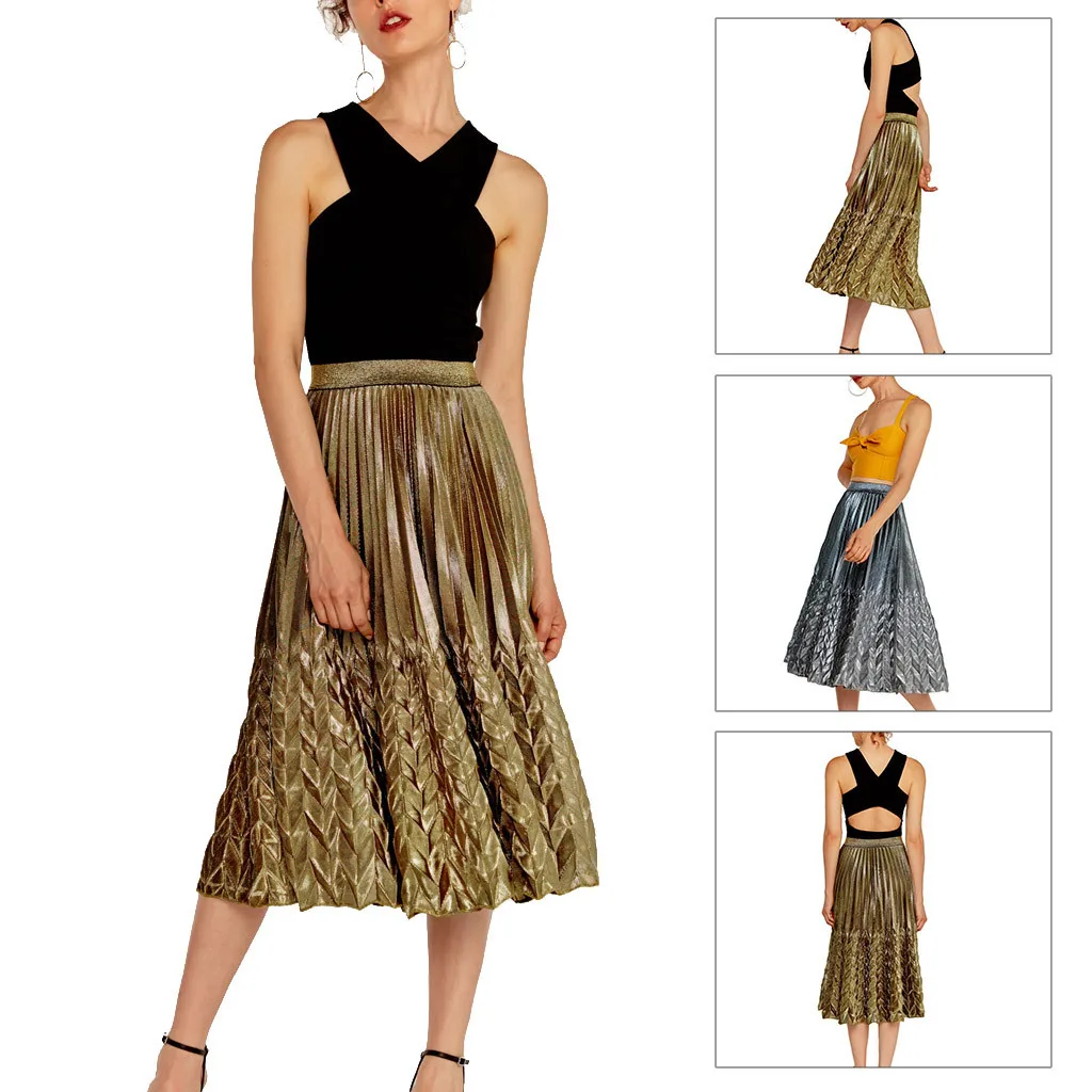 

Fashion Lady's Half-Length A-Shaped Skirt High Waist Gilded Stretch Pleated Summer Clothing Faldas #7