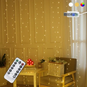 

Fairy 3x3m 300 LED Copper Wire Icicle Curtain LED String USB With Remote Controller Garland For Wedding Party Night Lights