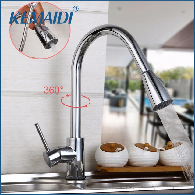 Best Quality KEMAIDI New Design Pull Out Faucet Chrome Silver Chrome Swivel Kitchen Sink Mixer Tap Kitchen Faucet Vanity Faucet  Mixer 8526-3