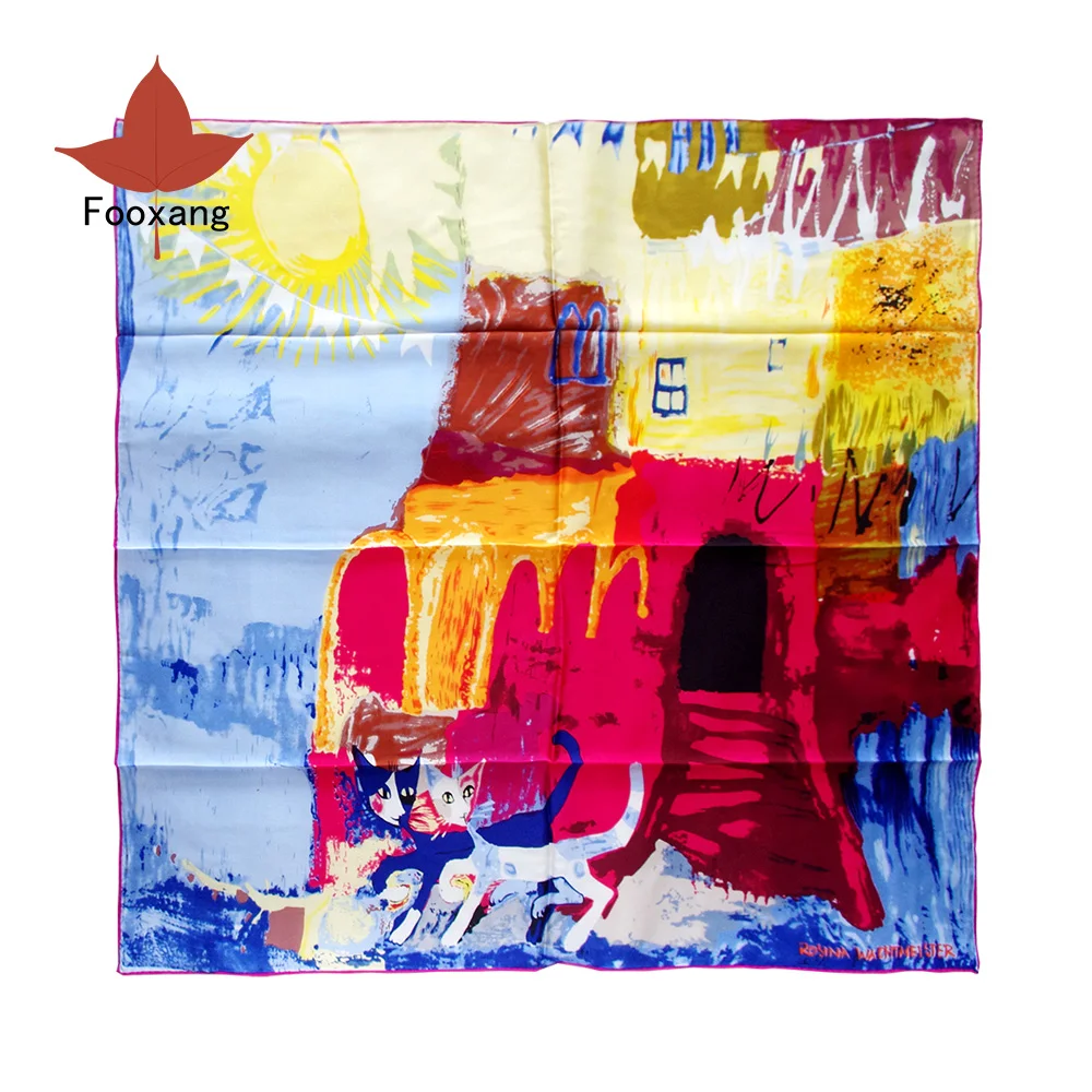

Brand New Square Silk Scarf 90*90cm Spring Autumn Winter Cute Silk Scarf Shawl Oil Painting Cartoon Cats Design
