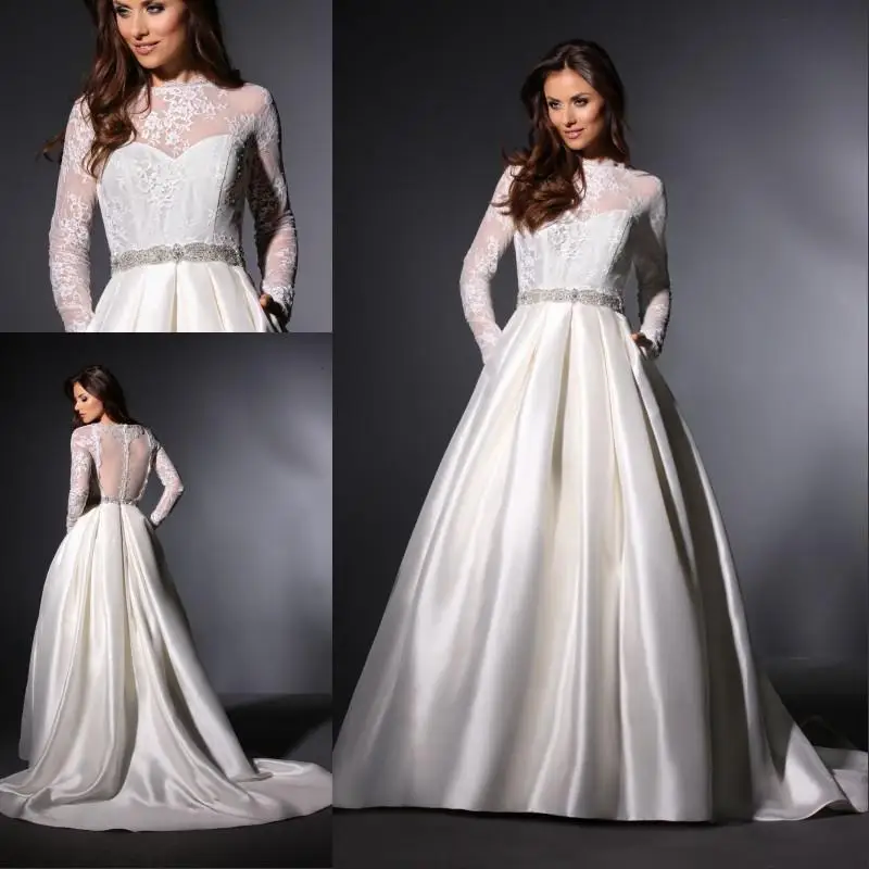 Elegant Sheer A Line Wedding Dresses Satin Long Sleeve Illusion Beads ...