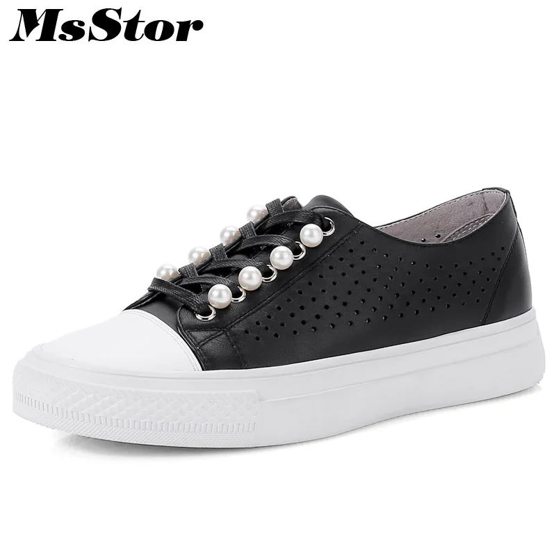 

MsStor Round Toe Hollow out Women Flats Casual Fashion Cross tied Pearl Ladies Flat Shoes 2018 Spring Women Flats Brand Shoes