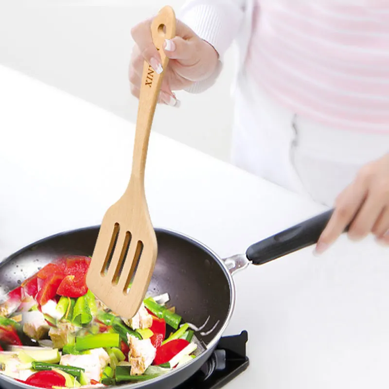 High Quality Beech Wood Slotted Spatula Turner Wooden Kitchen Utensil Set Cooking Tools