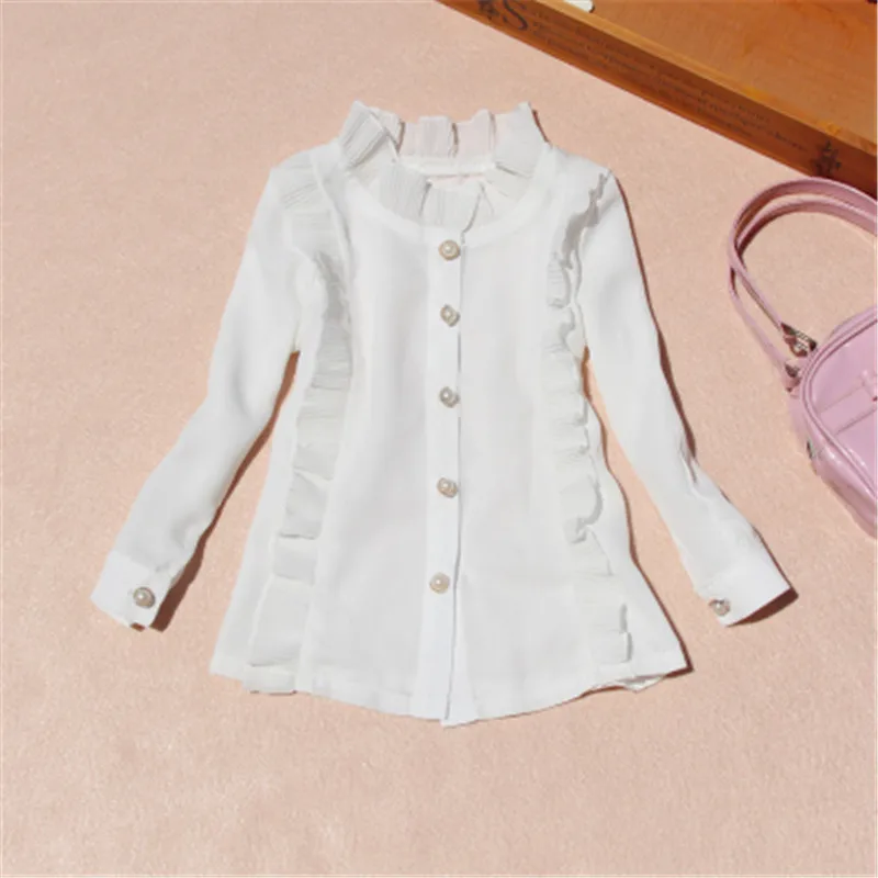 

School Girl Tops 2017 Teenage Girls Blouse Fall Chiffon Long Sleeve White Ruffles Kids Shirts Baby Toddler Clothes 2-16Y AA2480