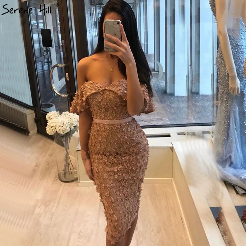 

Blush Pink Sleeveless Sexy Cocktail Dress Handmade Flowers Crystal Off Shoulder Evening Gowns 2019 Serene Hill LA60949