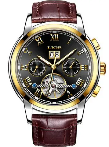 LIGE Роскошные брендовые автоматические механические часы, мужские кожаные водонепроницаемые деловые часы, мужские кварцевые часы, мужские часы - Цвет: Gold black