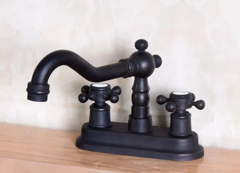 Swivel Spout Hot Cold Handles Black Color Oil Rubbed Bronze Kitchen Bar Sink Bathroom Two Holes Basin Faucet Mixer Tap anf150