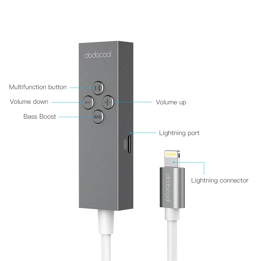dodocool MFi Lightning to 3 5 mm Headphone Adapter with In line Remote Bass Boost Data Sync Charging Music for iPhone X 8 Plus