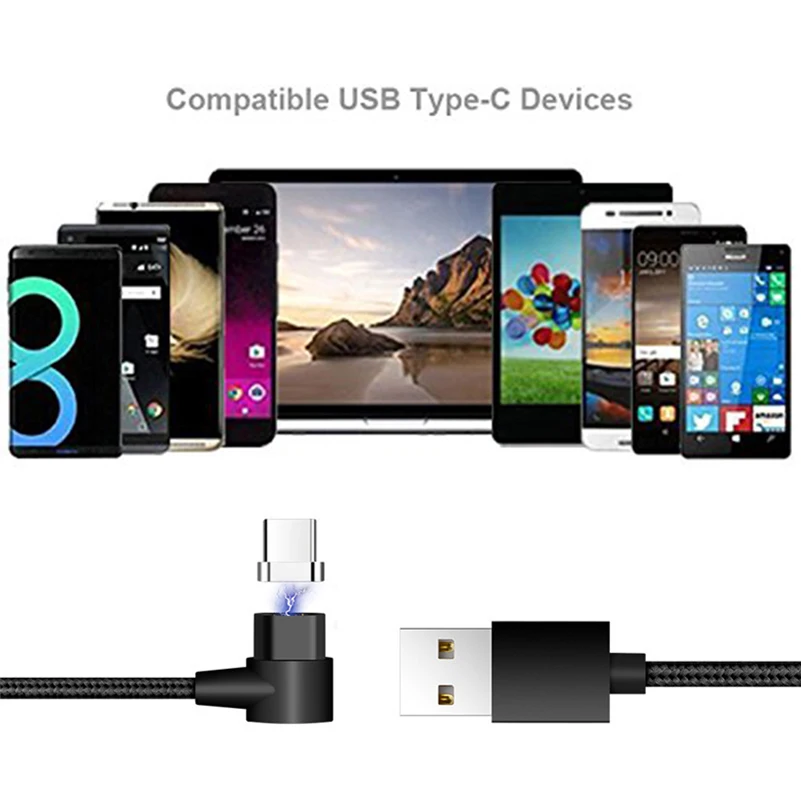 Магнитный кабель usb type C с углом 90 градусов, l-образный кабель, кабель usb type C, 1 м, нейлоновая оплетка, светодиодный индикатор, магнитный кабель для зарядки и синхронизации данных