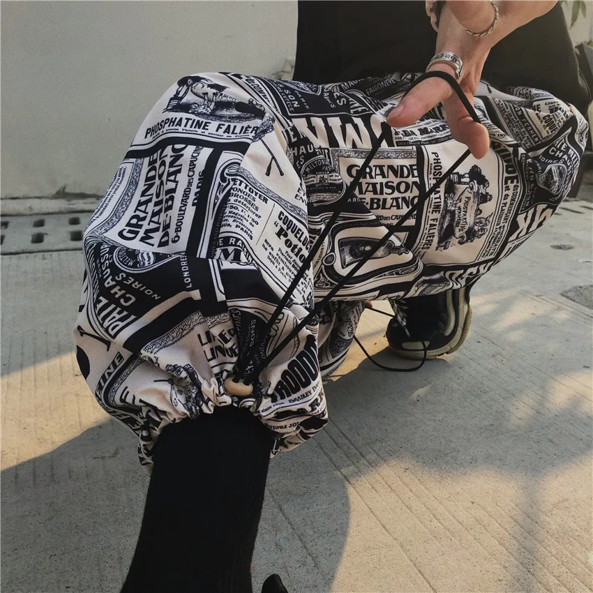 HOUZHOU Summer Newspaper Print Harajuku Vintage Loose Streetwear Harem Pants Women Wide Leg Trousers High Wasit Joggers Casual HOUZHOU Summer Newspaper Print Harajuku Vintage Loose Streetwear Harem Pants Women Wide Leg Trousers High Wasit Joggers Casual