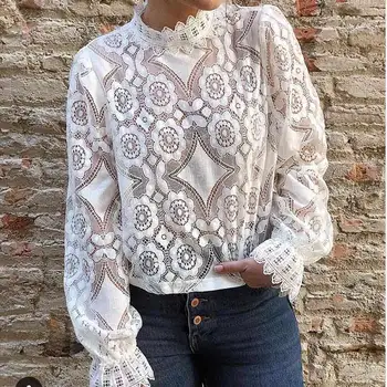 

Lace Crochet RufflesWomen's Blouse White Long Sleeve Hollow Out Transparent Stand Neck Female Shirts 2020 Spring Lady Women Tops