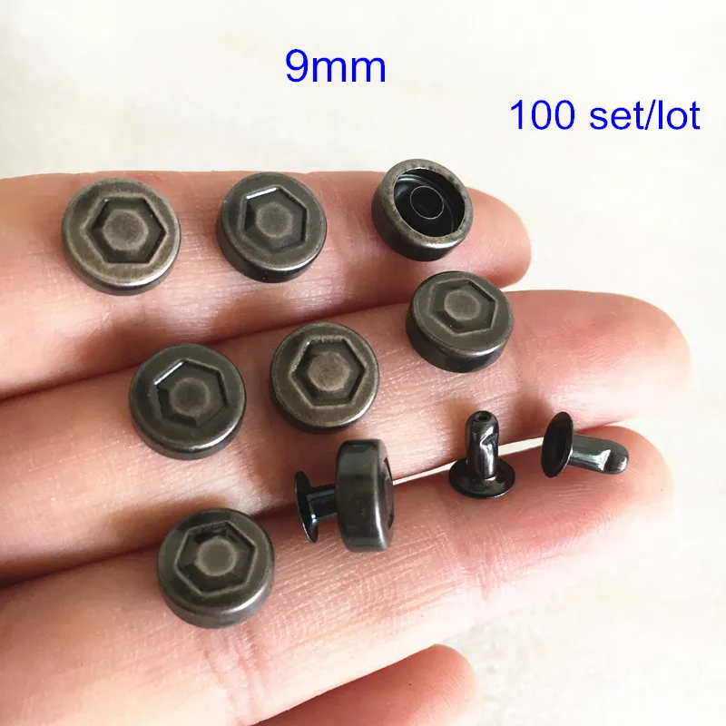 100 set 9mm Round Rivet Stud With Concave Hexagon Face,Black Gunmetal