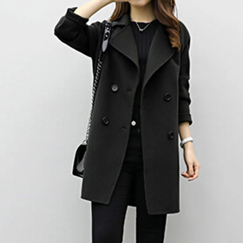 Осенняя и весенняя женская одежда, Длинное свободное тонкое двубортное шерстяное пальто-кокон, Трендовое Новое корейское шерстяное пальто - Цвет: Черный