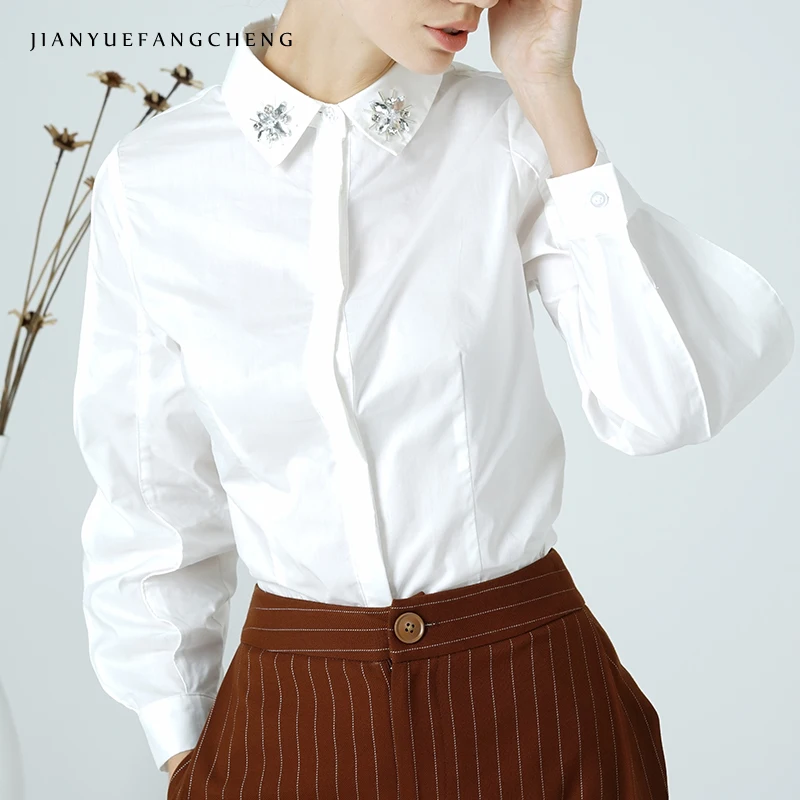 

Office Ladies White Shirt Blue Lantern Long Sleeve Cotton Top Turn-down Diamonds Collar Elegant Slim Work Wear Blouse Plus Size