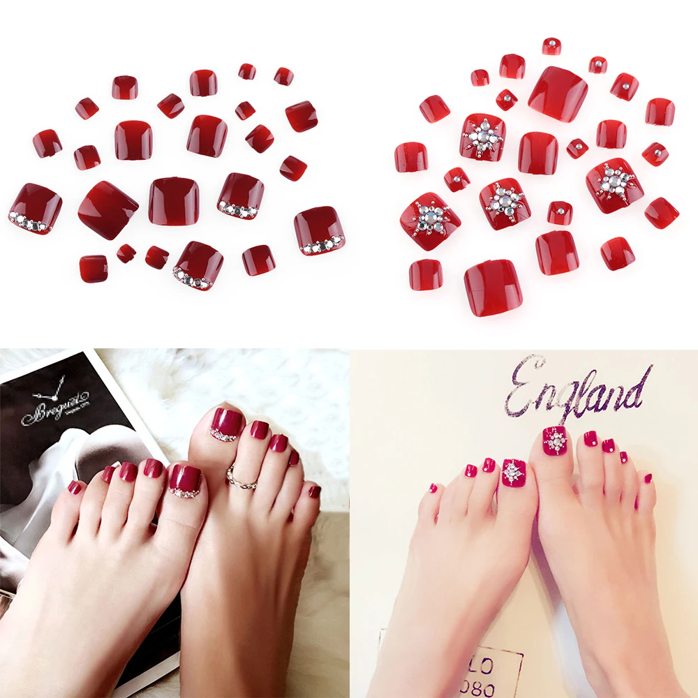 Women Chic Foot False Nail Tips Shining Rhinestone Fake Toes Nails With