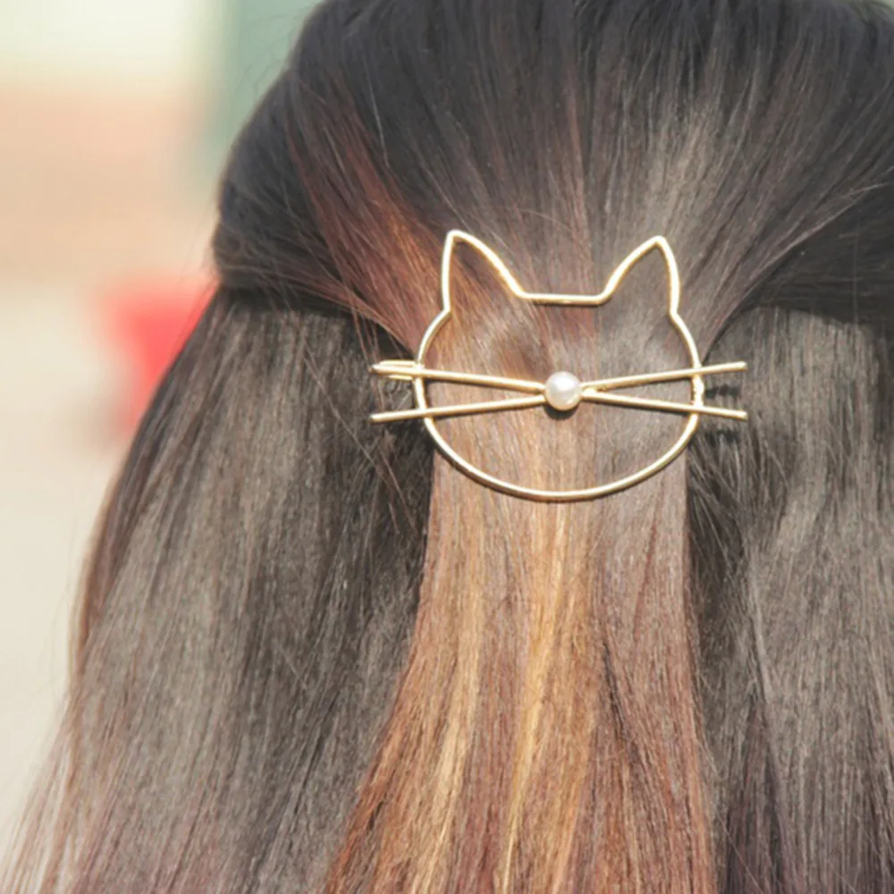 Cute Sweet Kitten Pearl Hairpin Cat Shape Metal Hair Clips Girl's Cute