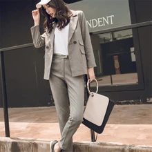 Women 2 Piece Sets Gray Casual Blazer & High Waist Pant Office Lady Notched Jacket Pant Suits Korean suit Femme