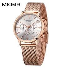 

Megir Women Chronograph Luminous Hands Date Indicator Stainless Steel Mesh Strap Quartz Ladies Wrist Watches Lady Rose Gold