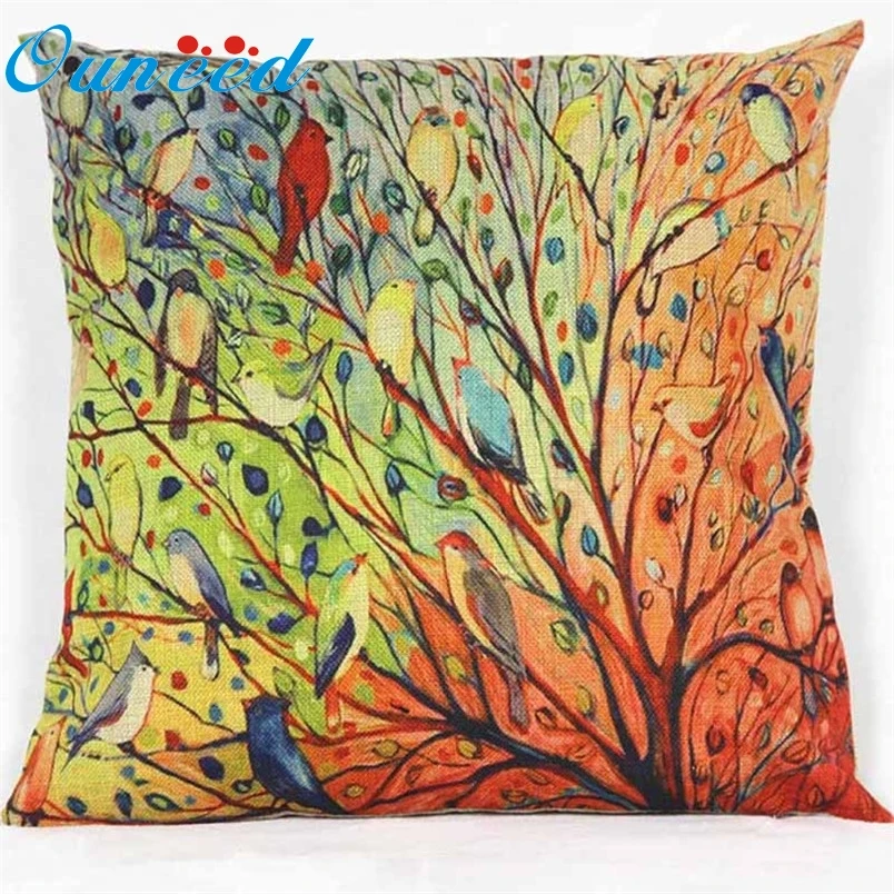 

Ouneed decorative Pillowcases Vintage 40cm Colorful Tree Bird Cotton Linen Square Throw Pillow Case Cover 2017 Gift 1pc Drop