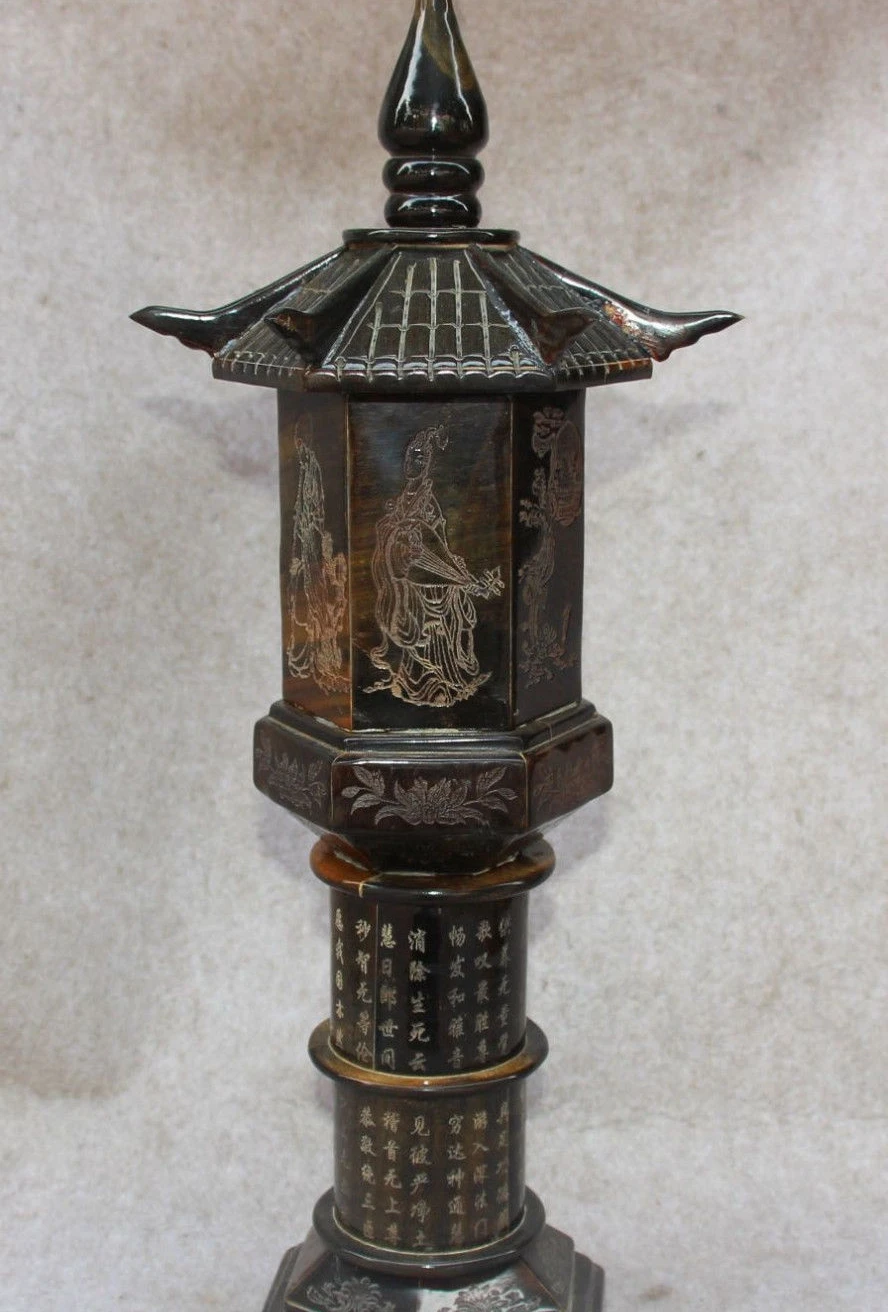 

19" Old Chinese Ox Horn Carving Belle Girl Lampstand Stupa Pagoda Tower Statue