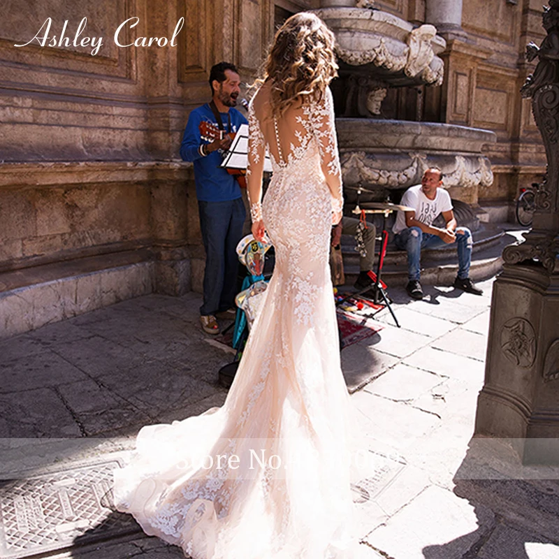 Ashley Carol сексуальное свадебное платье русалки с глубоким v-образным вырезом и длинными рукавами Элегантное свадебное платье романтическое винтажное свадебное платье
