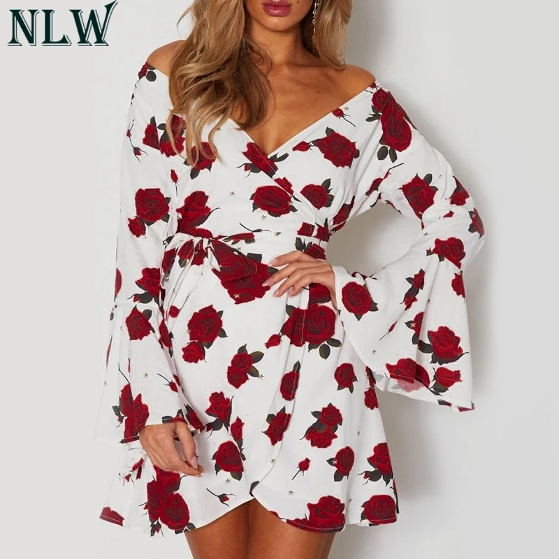 

Conmoto Off Shoulder Flare Long Sleeve Party Dresses Elegant Sexy Dress Mini Bow Rose Print Short Dress Vestidos