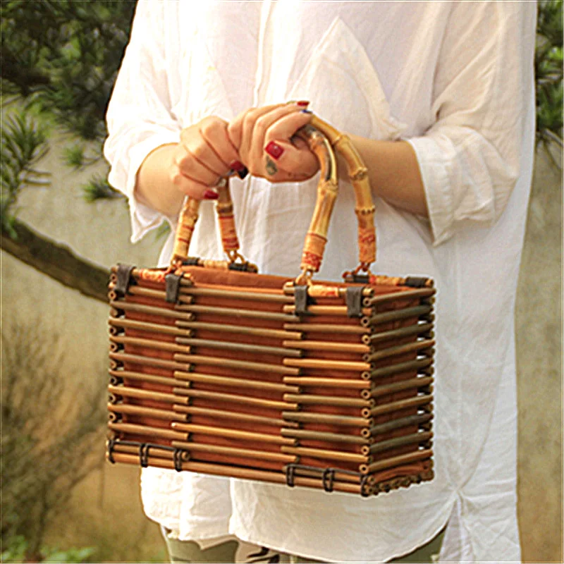 

IMYOK Women Bamboo Handmade Handbags Summer Style Beach Tote Design Lady Tea Bag Hollow Out Drawstring Bag For Female