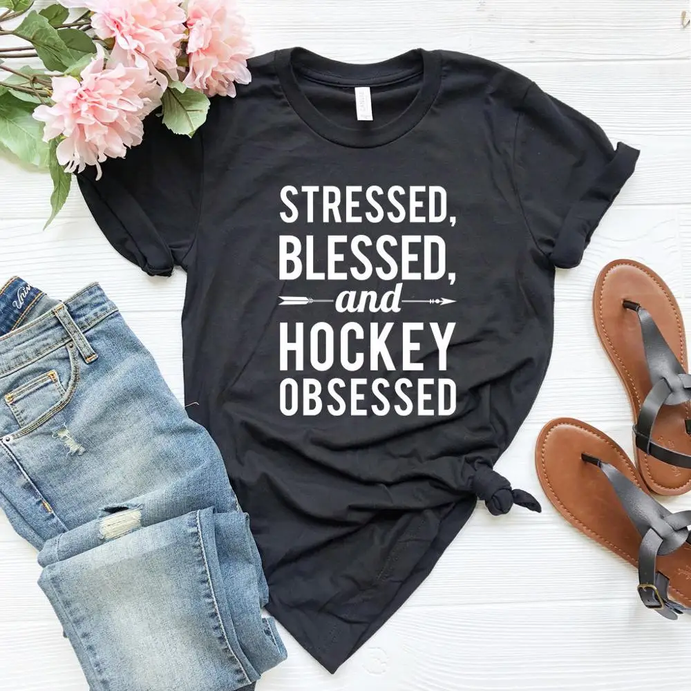 

Stressed Blessed And Hockey Women tshirt Casual Cotton Hipster Funny t-shirt Gift For Lady Yong Girl Top Tee Drop Ship ZY-273