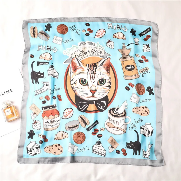 Luxury Brand New Fashion Summer Silk Square Scarf Women Cat Print Satin Neck Hair Tie Band Beach Hijab Head Female Foulard - Цвет: 4