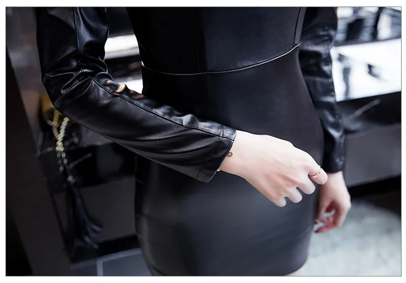 Осень/зима плюс бархат сексуальные черные облегающие платья из искусственной кожи с v-образным вырезом клубный сексуальный халат для женщин полный рукав модная посылка Hip Jurk TT2969