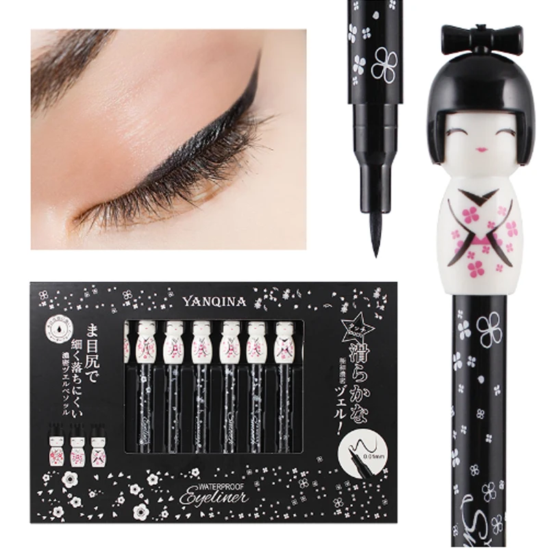 Yanqina 12pcs Eyeliner Fashion Women's Black Waterproof Cute Doll Eyeliner Liquid Pen Makeup Cartoon Eye Liner Pencil Cosmetic