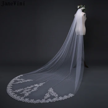

JaneVini 2018 Simple 3M Cathedral Long Wedding Veil Ivory One Layer Lace Applique Edge Bridal Veil With Comb Wedding Accessories