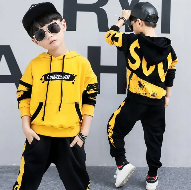 2 Pieces Big Boys clothing set cotton Fashion long sleeves hoodies + Haren Pants Yellow Black