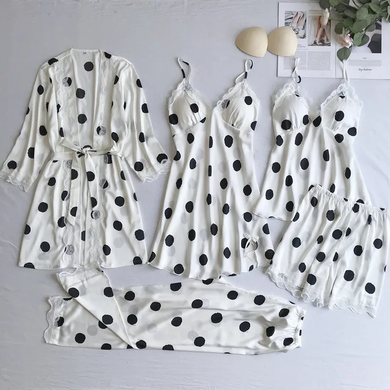 

White Polka Dot Satin Women 5PCS Robe Suit Kimono Bathrobe Gown Sexy Intimate Lounge Sleepwear Home Clothes Belt Lace Homedress