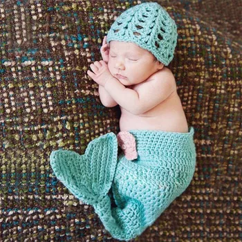 

Baby photography props mermaid tail handmade knitted newborn costume stretch infant hat cap toddler baby photo shoot accessories