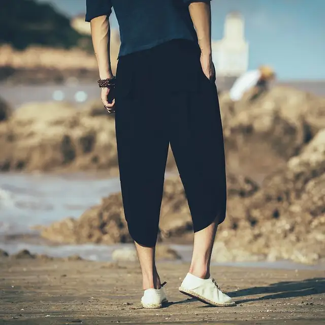 M 5XL Plus Size Men Linen Trousers Calf Length Plaid Color Casual Three