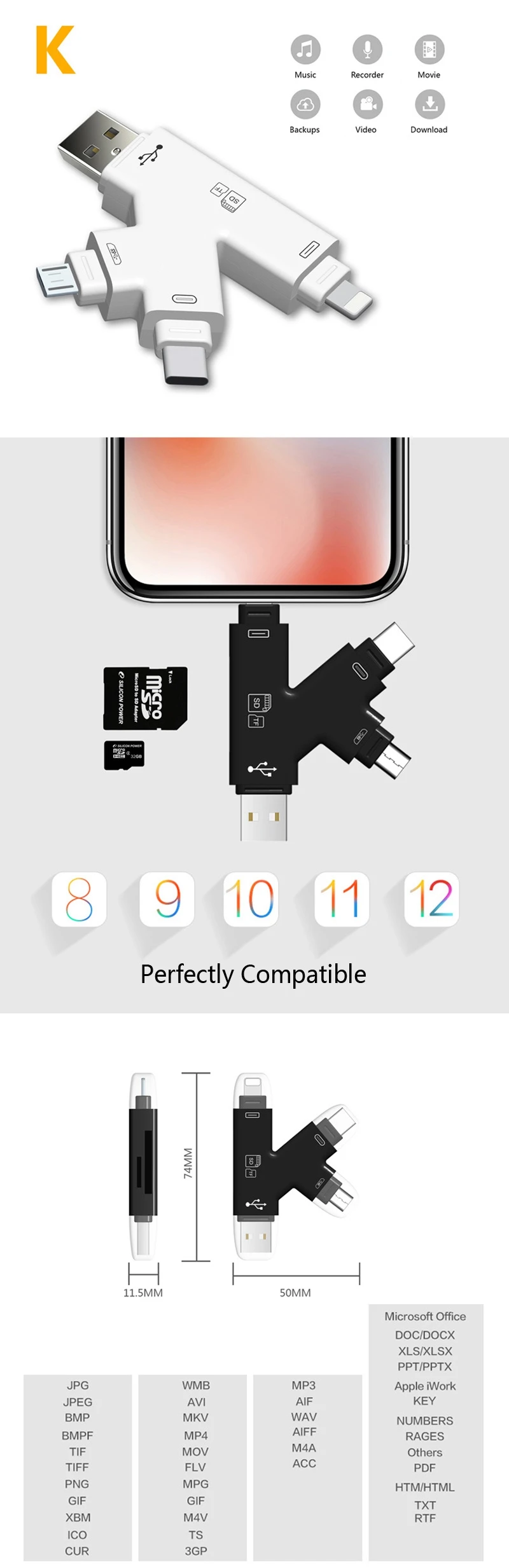 Все в 1 4in1 Micro Тип usb C TF SD считыватель карт OTG адаптер для iPhone XS MAX XR 5 6 7 8 плюс iOS 12 Macbook телефона Android