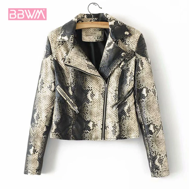 

Leather Jacket Pu Jacket Female Foreign Street Retro Snake Pattern Autumn Harajuku Animal Pattern Windproof Women's Jacket Coat