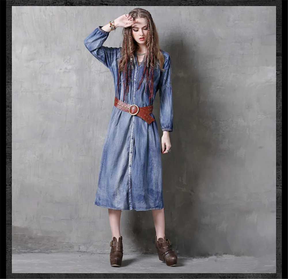 Vintage Spring Dress 2018 New Long Sleeve Denim Dresses V-Neck Patchwork Single Breasted Dress Women Vestidos Autumn Vestido (4)
