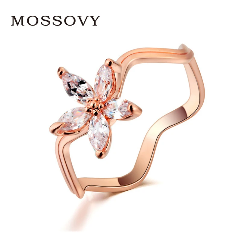 

Mossovy Simple Flower Rhinestone Ring Floral Delicate Accessories Cocktail Party Ring High Quality Fashion Jewelry for Women