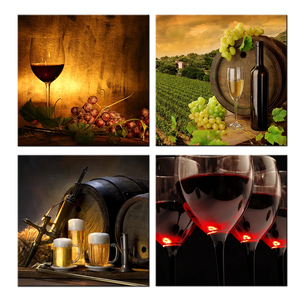 4 Piece Canvas Wall Art Wine Themed Prints Red Wine With Cups And